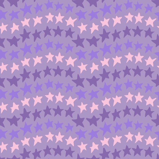 Rock on Stars Purple features a repeating pattern in purple and pink colors of undulating rows of stars. 