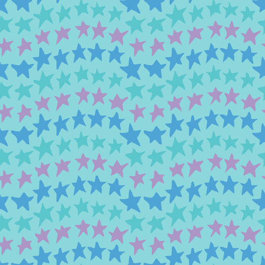 Rock on Stars Rain features a repeating pattern in aqua, blue, and purple colors of undulating rows of stars. 