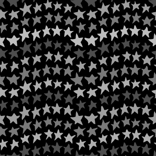 Rock on Stars Shadow features a repeating pattern in black and gray colors of undulating rows of stars.