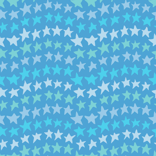 Rock on Stars Sky features a repeating pattern in blue, lavender, and green colors of undulating rows of stars. 
