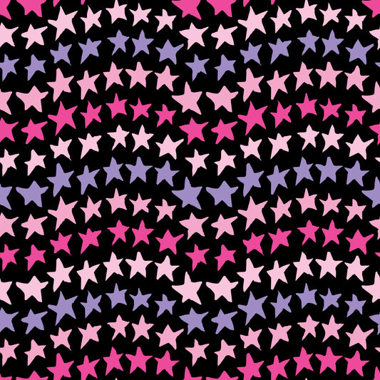 Rock on Stars Sunset features a repeating pattern in black, pink, and purple colors of undulating rows of stars.