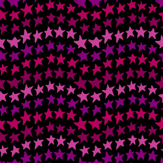 Rock on Stars Sunset features a repeating pattern in black, red, pink, and wine colors of undulating rows of stars.