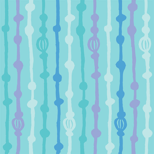 Rock on Stripes Aqua features a repeating pattern in aqua, green, purple, and blue colors of organic, hand-drawn, vertical lines