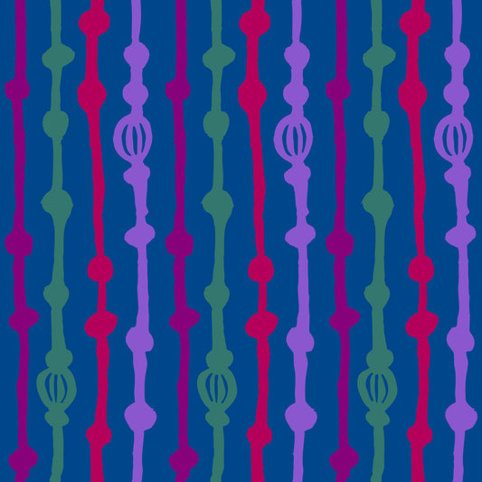 Rock on Stripes Berry features a repeating pattern in dusty blue, red, purple, berry and green colors of organic, hand-drawn, vertical lines.