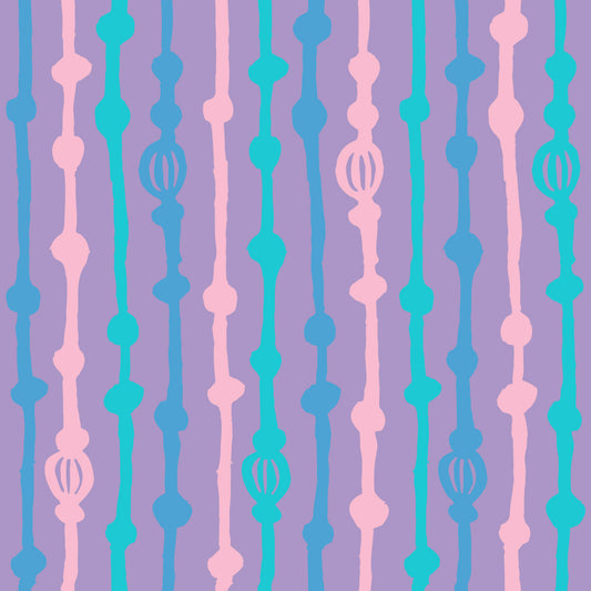Rock on Stripes Dawn features a repeating pattern in purple, pink, aqua, and blue colors of organic, hand-drawn, vertical lines.