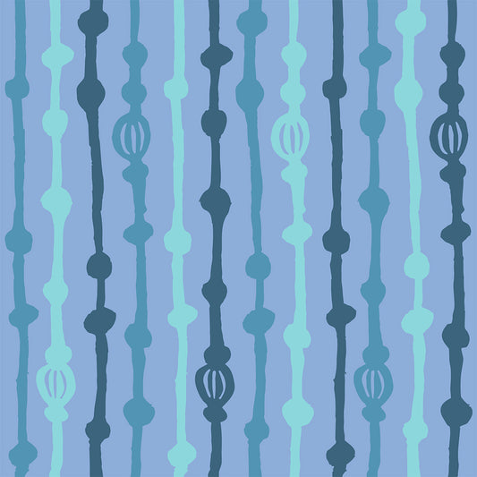 Rock on Stripes Frost features a repeating pattern in lavender, green, and aqua colors of organic, hand-drawn, vertical lines.