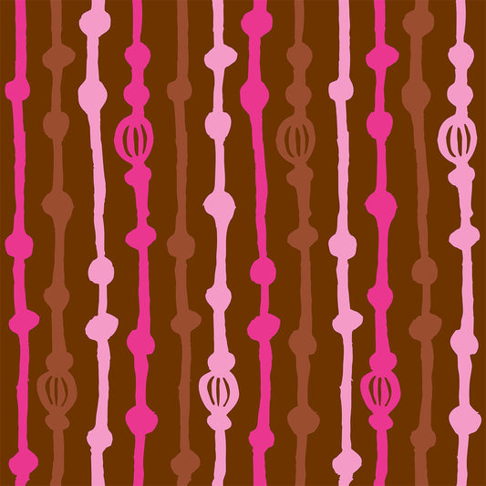 Rock on Stripes Leaves features a repeating pattern in brown and pink colors of organic, hand-drawn, vertical lines.
