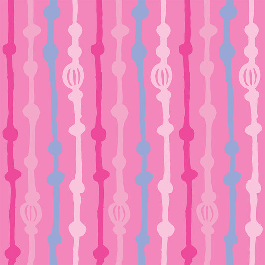 Rock on Stripes Pink features a repeating pattern in pink, red, and blue colors of organic, hand-drawn, vertical lines.