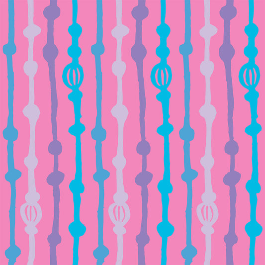 Rock on Stripes Pink & Blue features a repeating pattern in pink, blue, and purple colors of organic, hand-drawn, vertical lines.