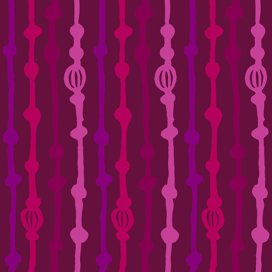 Rock on Stripes Plum features a repeating pattern in plum, red, and purple colors of organic, hand-drawn, vertical lines.