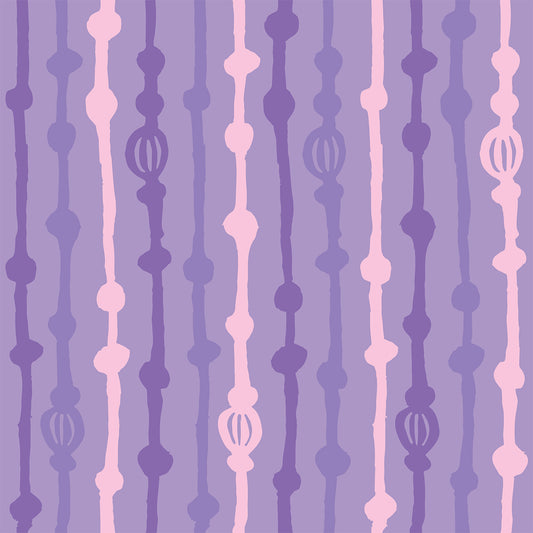Rock on Stripes Purple features a repeating pattern in purple and pink colors of organic, hand-drawn, vertical lines.