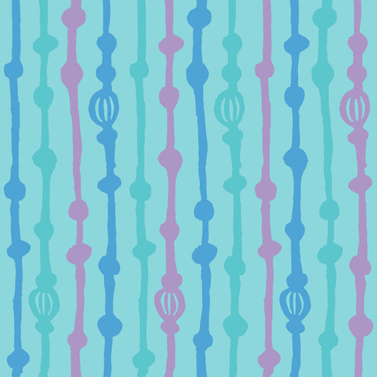Rock on Stripes Rain features a repeating pattern in aqua, green, purple, and blue colors of organic, hand-drawn, vertical lines.
