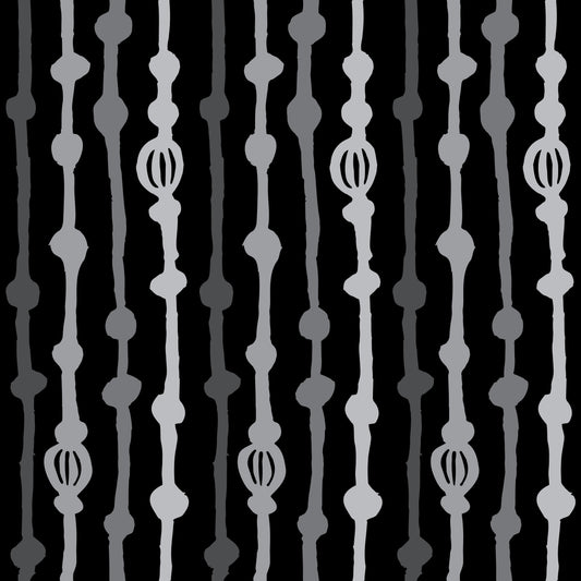 Rock on Stripes Shadow features a repeating pattern in black and gray colors of organic, hand-drawn, vertical lines.
