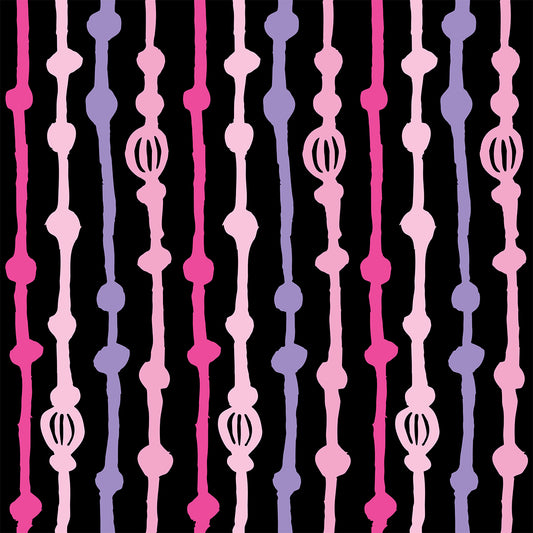 Rock on Stripes Sunset features a repeating pattern in black, pink, and purple colors of organic, hand-drawn, vertical lines.