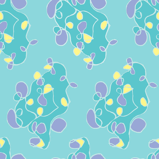 Summer Harbor Aqua features a repeating pattern of aqua, green, purple, and yellow abstract clouds outlined with swirling lines.