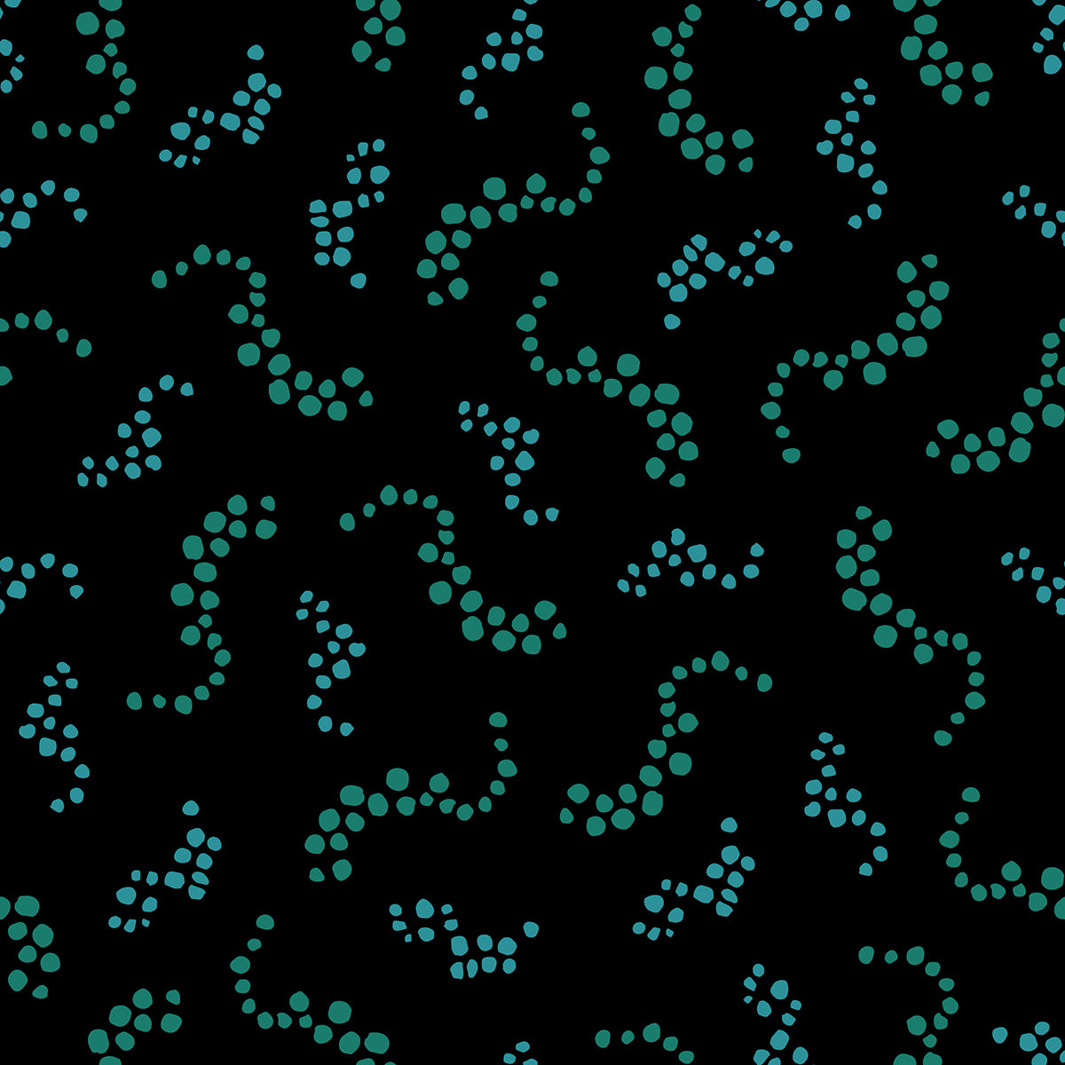 Beach Breezes Moss features a repeating pattern in black and green colors of swirling dots reminiscent of sea spray on ocean waves.