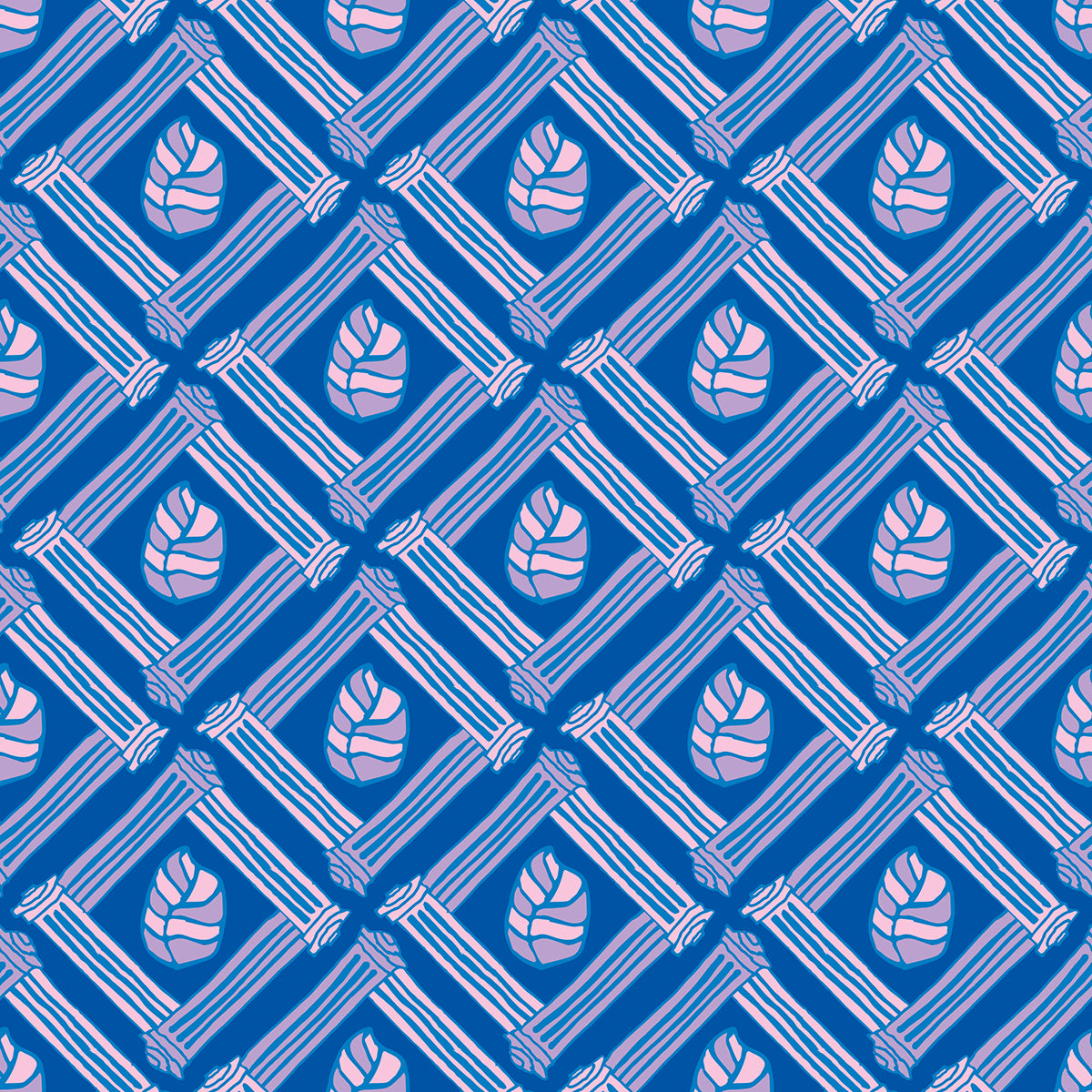 Beach Fence Azure features a repeating pattern in azure, blue, purple, and pink of striped leaves encased in diamond shapes made out of organic hand-drawn lines.