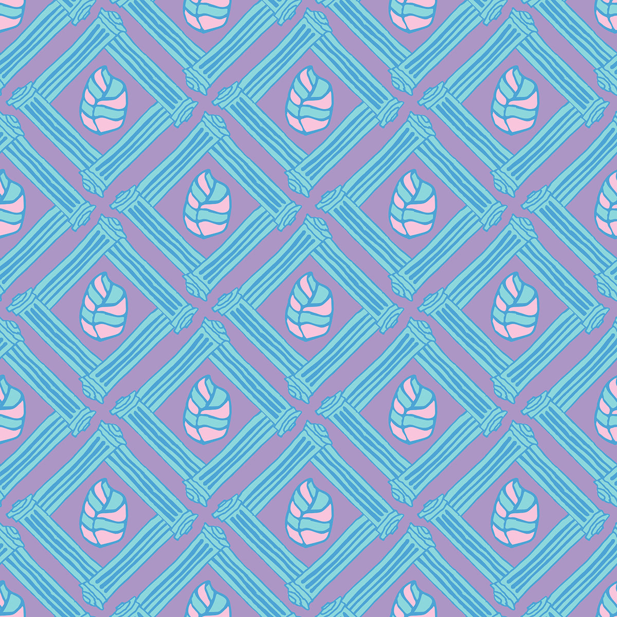 Beach Fence Pastel features a repeating pattern in purple, aqua, blue, and pink of striped leaves encased in diamond shapes made out of organic hand-drawn lines.