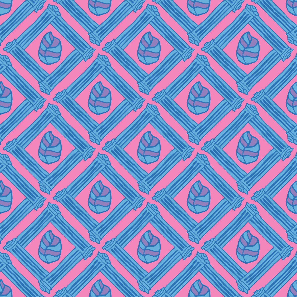 Beach Fence Pink & Blue features a repeating pattern in pink and blue of striped leaves encased in diamond shapes made out of organic hand-drawn lines.
