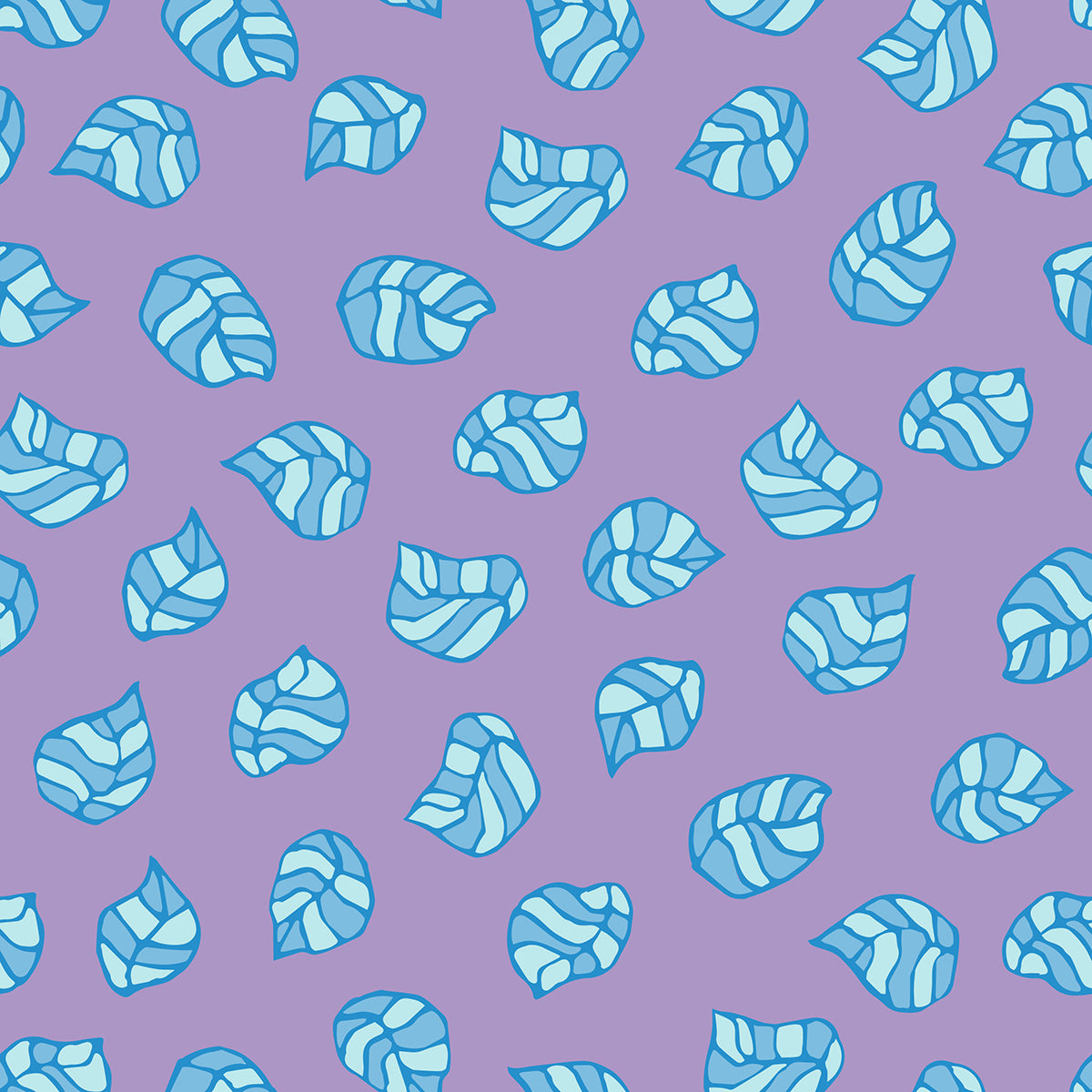 Beach Leaves Pastel features a repeating pattern in purple, blue, and aqua colors of striped leaves that look like they are floating to the ground.
