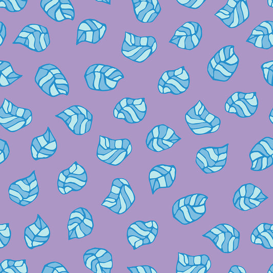 Beach Leaves Pastel features a repeating pattern in purple, blue, and aqua colors of striped leaves that look like they are floating to the ground.