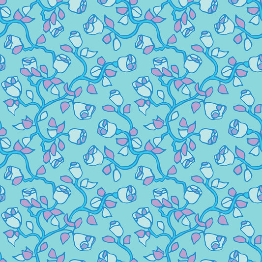 Beach Rose Aqua features a repeating pattern in aqua, blue, and lavender colors of organic, hand-drawn rose vines.