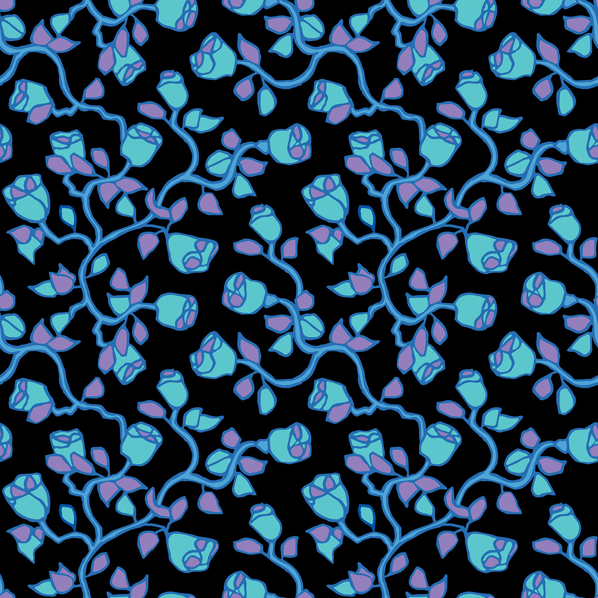 Beach Rose Arctic features a repeating pattern in black, blue, aqua, and purple colors of organic, hand-drawn rose vines.