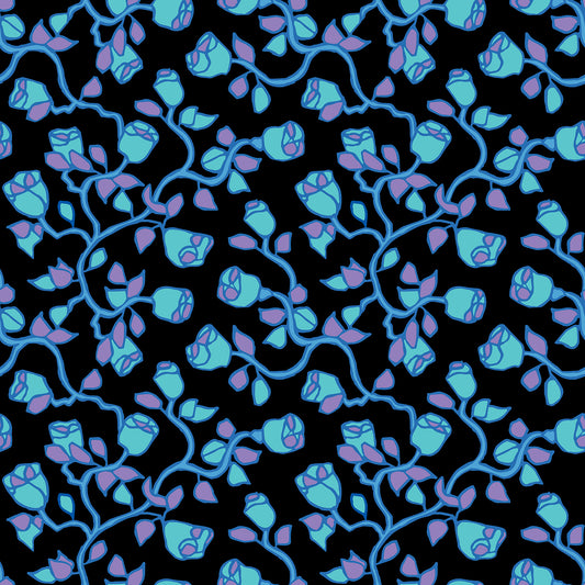 Beach Rose Arctic features a repeating pattern in black, blue, aqua, and purple colors of organic, hand-drawn rose vines.