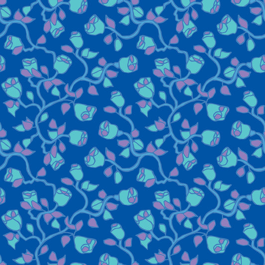 Beach Rose Azure features a repeating pattern in blue, aqua, and purple colors of organic, hand-drawn rose vines.