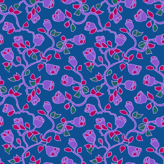 Beach Rose Berry features a repeating pattern in blue, purple, green, and berry colors of organic, hand-drawn rose vines.