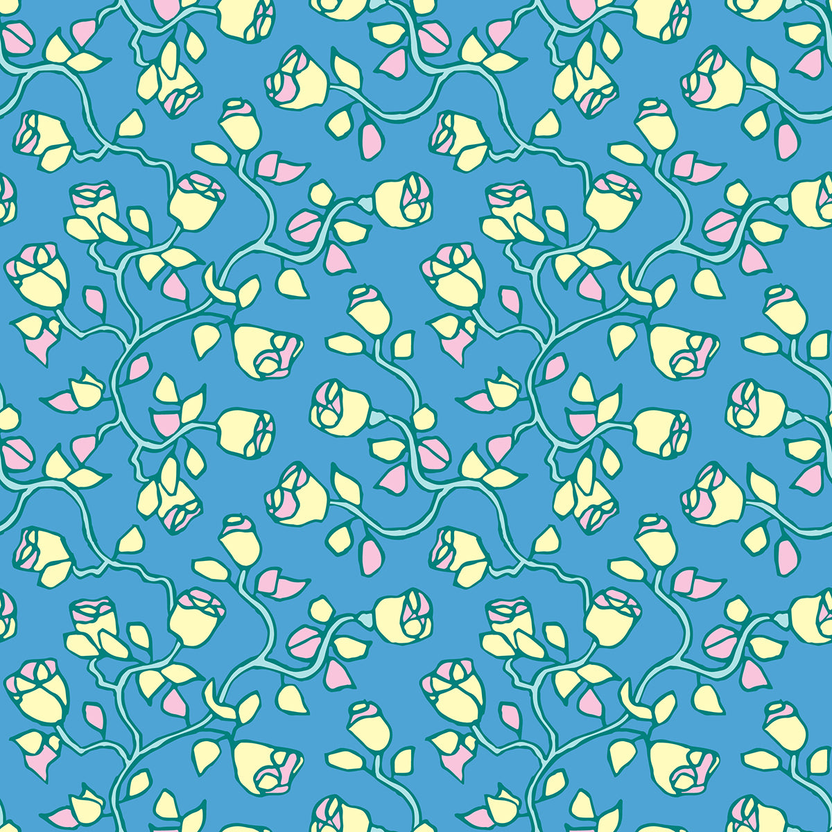 Beach Rose Bloom features a repeating pattern in blue, pink, yellow, and green colors of organic, hand-drawn rose vines.