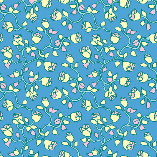 Beach Rose Bloom features a repeating pattern in blue, pink, yellow, and green colors of organic, hand-drawn rose vines.