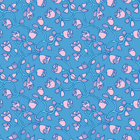 Beach Rose Blue features a repeating pattern in blue, purple, and pink colors of organic, hand-drawn rose vines.