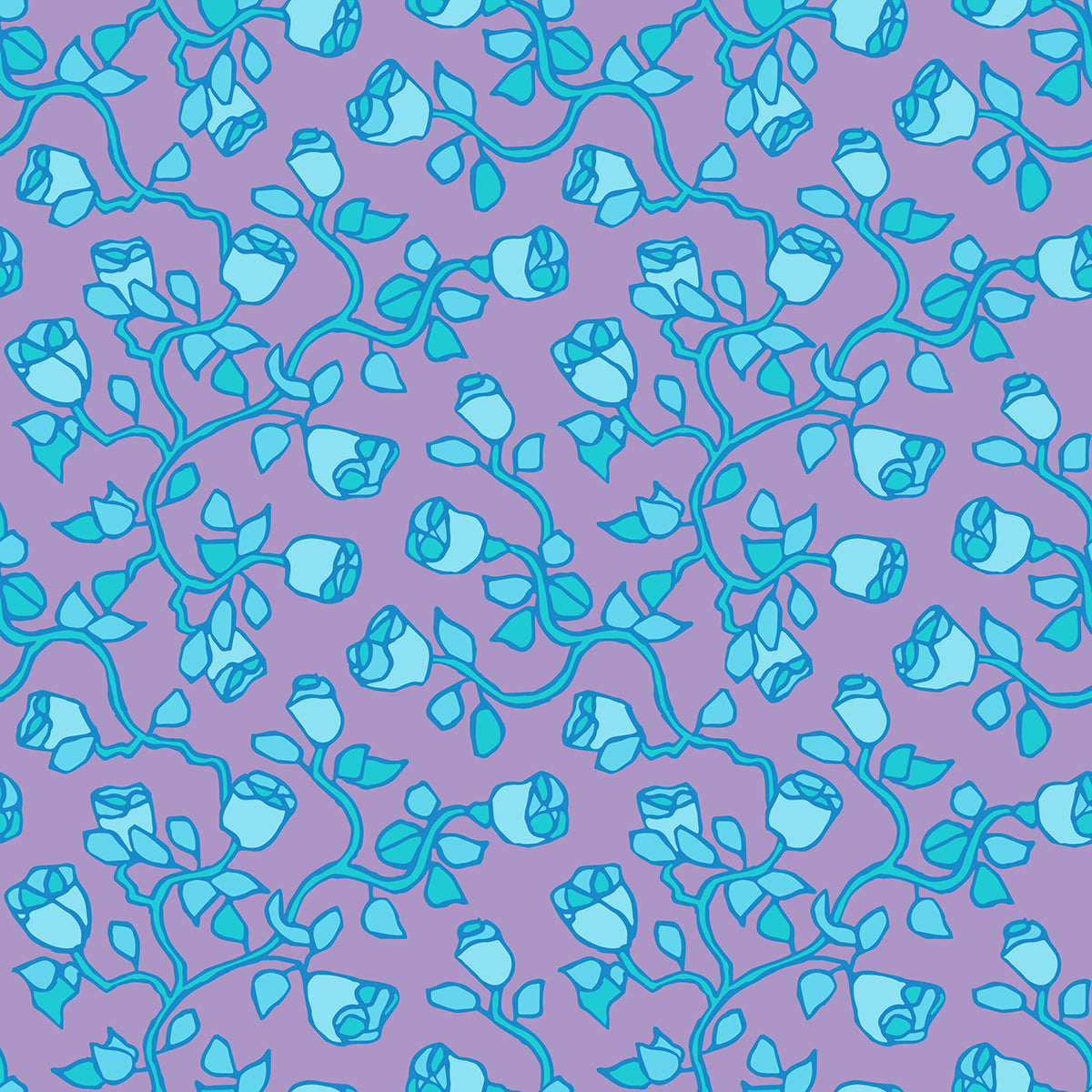 Beach Rose Dawn features a repeating pattern in purple, green, aqua, and blue colors of organic, hand-drawn rose vines.