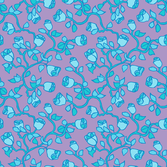 Beach Rose Dawn features a repeating pattern in purple, green, aqua, and blue colors of organic, hand-drawn rose vines.