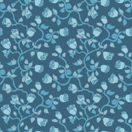 Beach Rose Dusk features a repeating pattern in french gray, and green colors of organic, hand-drawn rose vines.