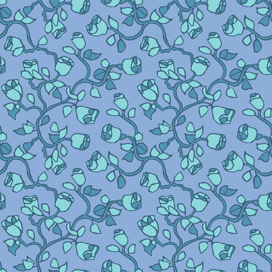 Beach Rose Frost features a repeating pattern in lavender, green, and aqua colors of organic, hand-drawn rose vines.