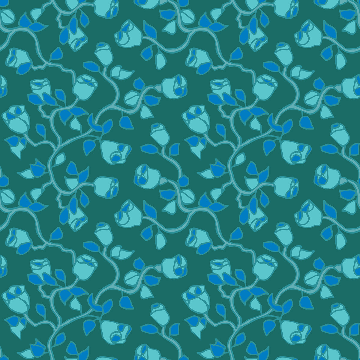 Beach Rose Green features a repeating pattern in green and blue colors of organic, hand-drawn rose vines.