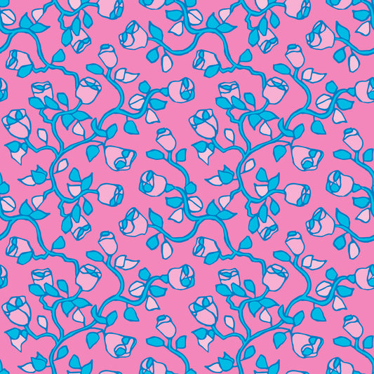 Beach Rose Pink & Blue features a repeating pattern in pink and blue colors of organic, hand-drawn rose vines.