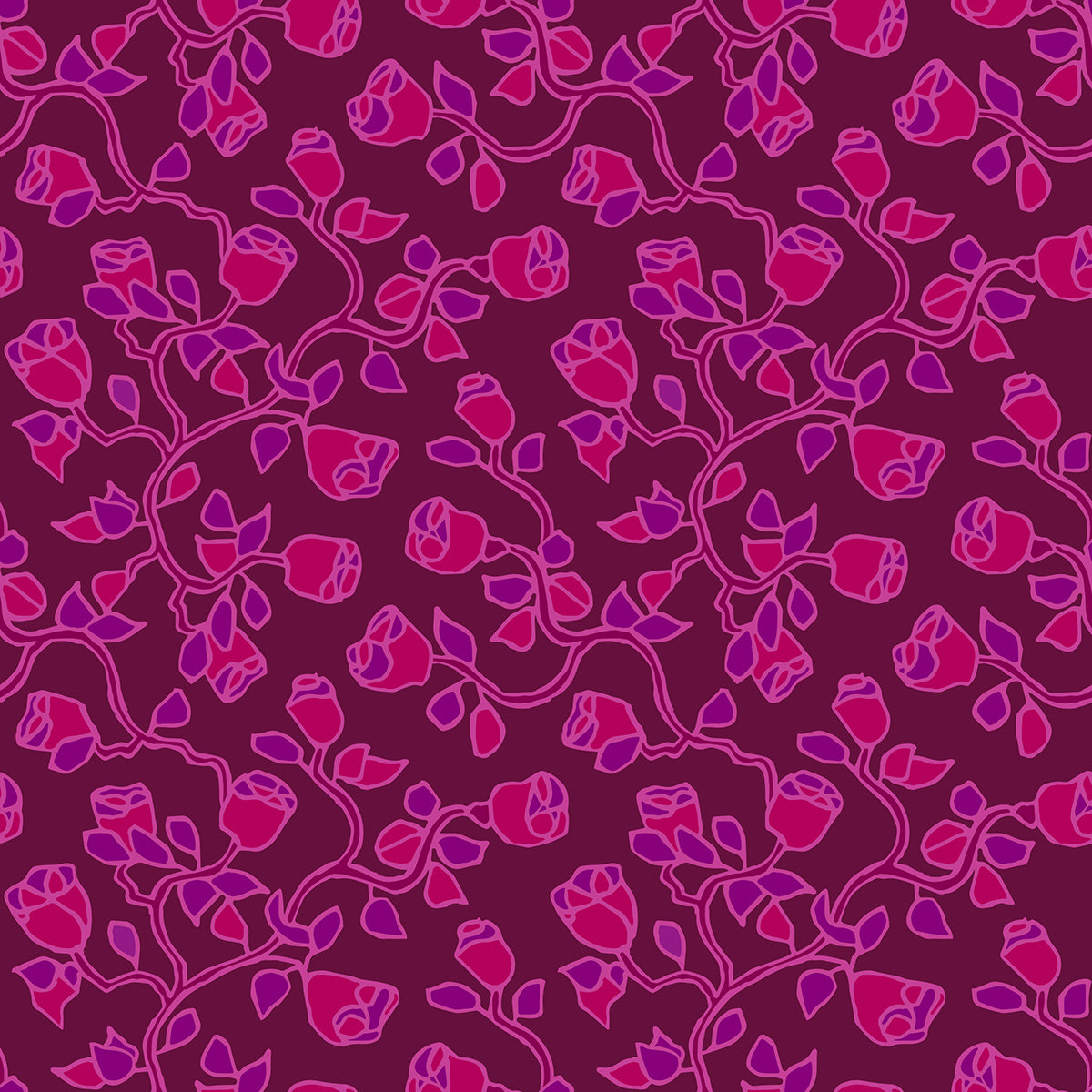 Beach Rose Plum features a repeating pattern in plum, red, and purple colors of organic, hand-drawn rose vines.