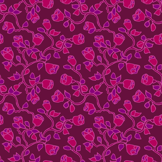 Beach Rose Plum features a repeating pattern in plum, red, and purple colors of organic, hand-drawn rose vines.