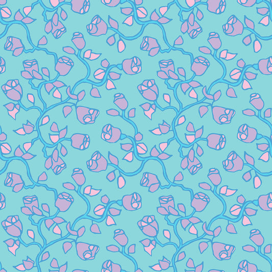 Beach Rose Rain features a repeating pattern in aqua, blue, purple, and pink colors of organic, hand-drawn rose vines.