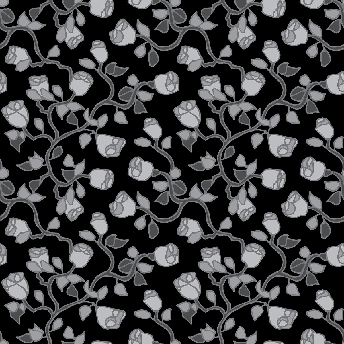 Beach Rose Shadow features a repeating pattern in black and gray colors of organic, hand-drawn rose vines.