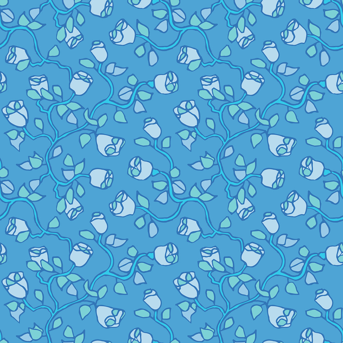Beach Rose Sky features a repeating pattern in blue and green colors of organic, hand-drawn rose vines.