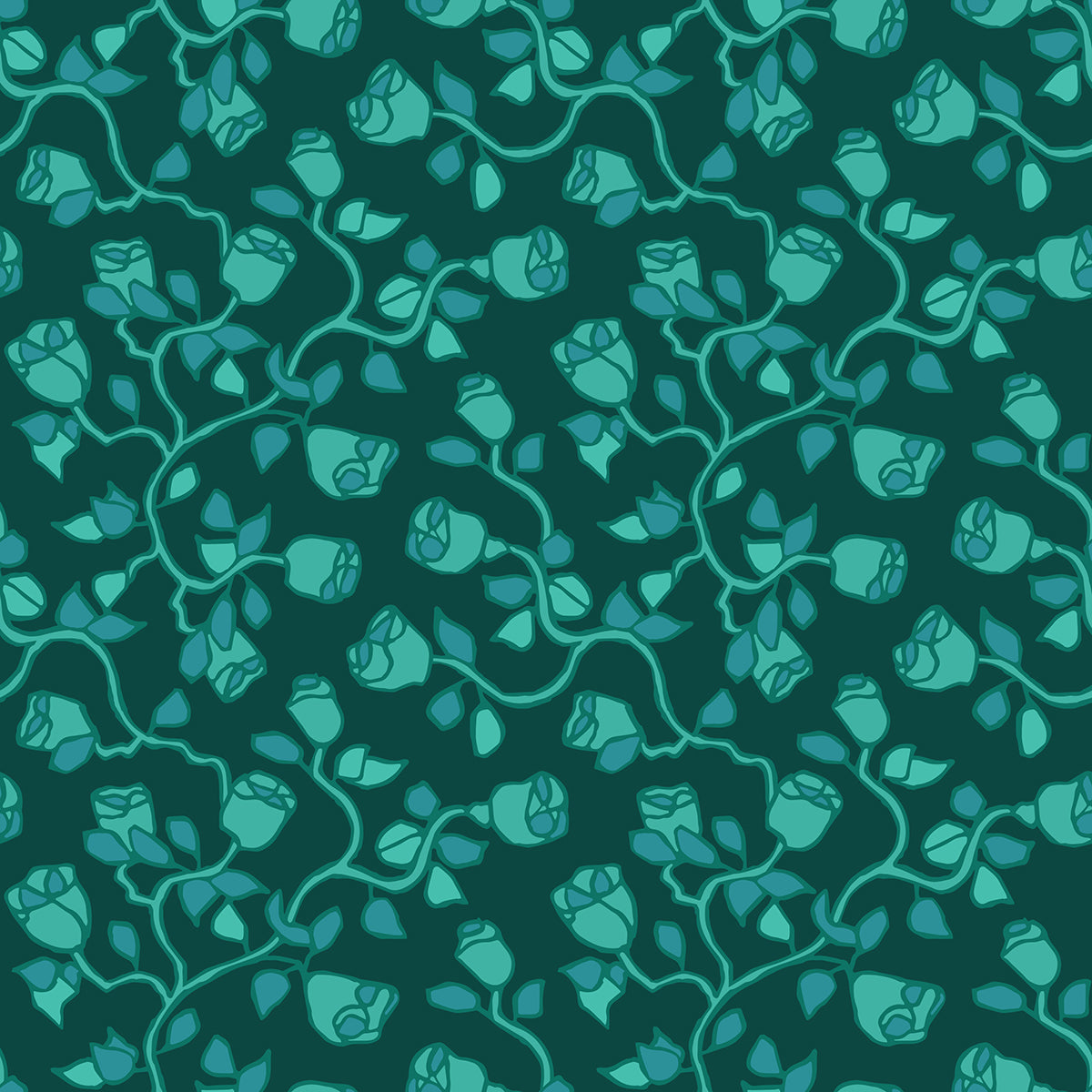 Beach Rose Spruce features a repeating pattern in shades of green colors of organic, hand-drawn rose vines.