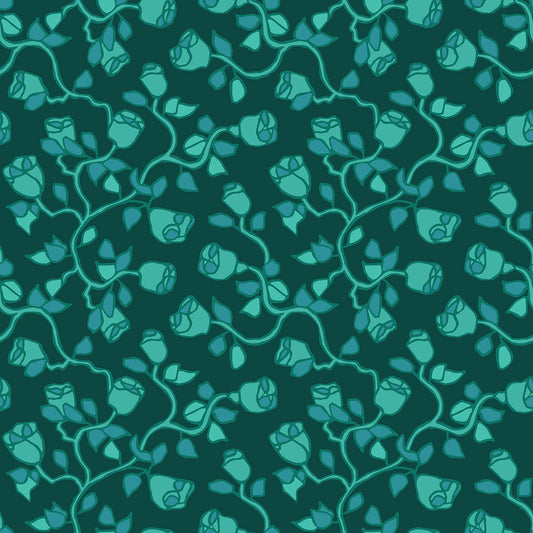 Beach Rose Spruce features a repeating pattern in shades of green colors of organic, hand-drawn rose vines.