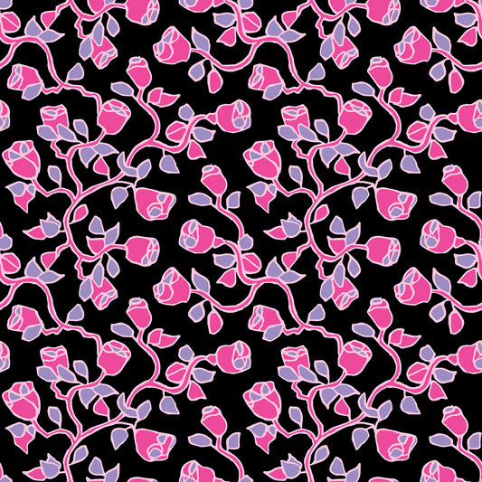 Beach Rose Sunset features a repeating pattern in black, pink, and purple colors of organic, hand-drawn rose vines.