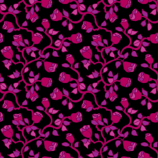 Beach Rose Wine features a repeating pattern in black, red, purple, and wine colors of organic, hand-drawn rose vines.