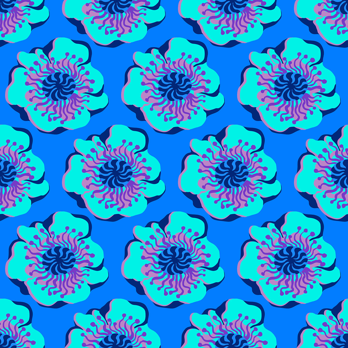 Sky Poppy Azure features a repeating pattern of organic, hand-drawn blue, purple, and aqua poppies against a royal blue backdrop. 