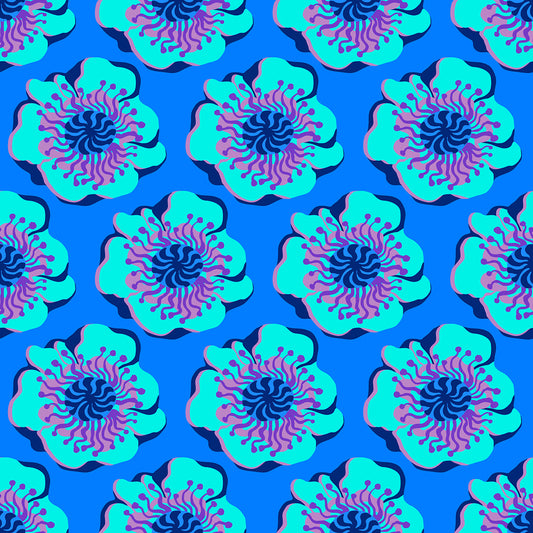 Sky Poppy Azure features a repeating pattern of organic, hand-drawn blue, purple, and aqua poppies against a royal blue backdrop. 